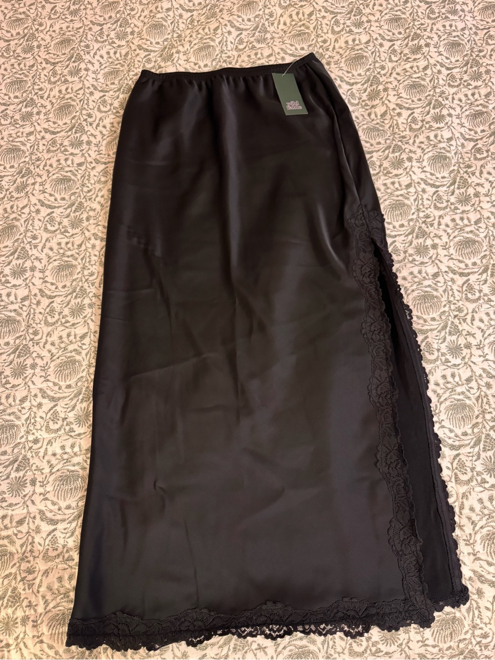 wild fable Black Satin Midi Skirt with Lace Side Trim